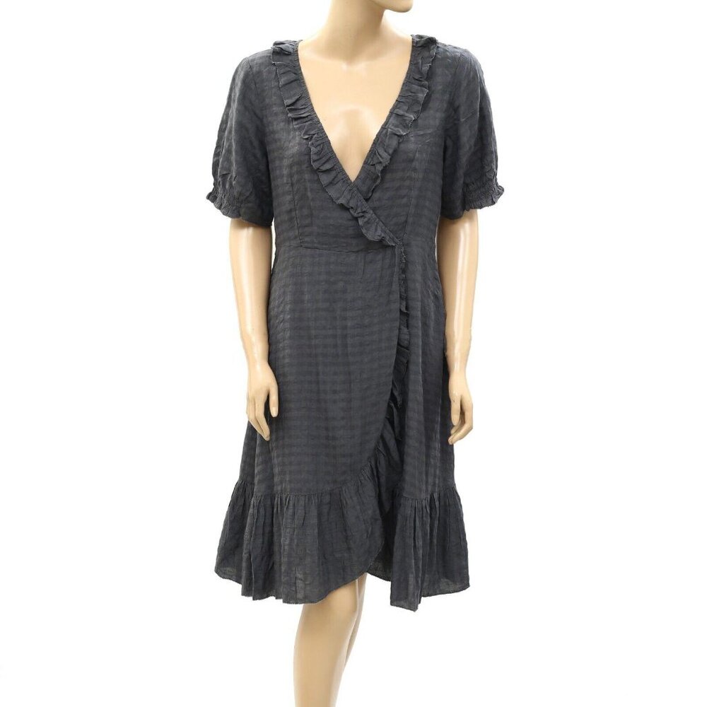 Odd Molly Anthropologie Wrap Striped Smocked Dress Gray Cotton Ruffle S 265128
